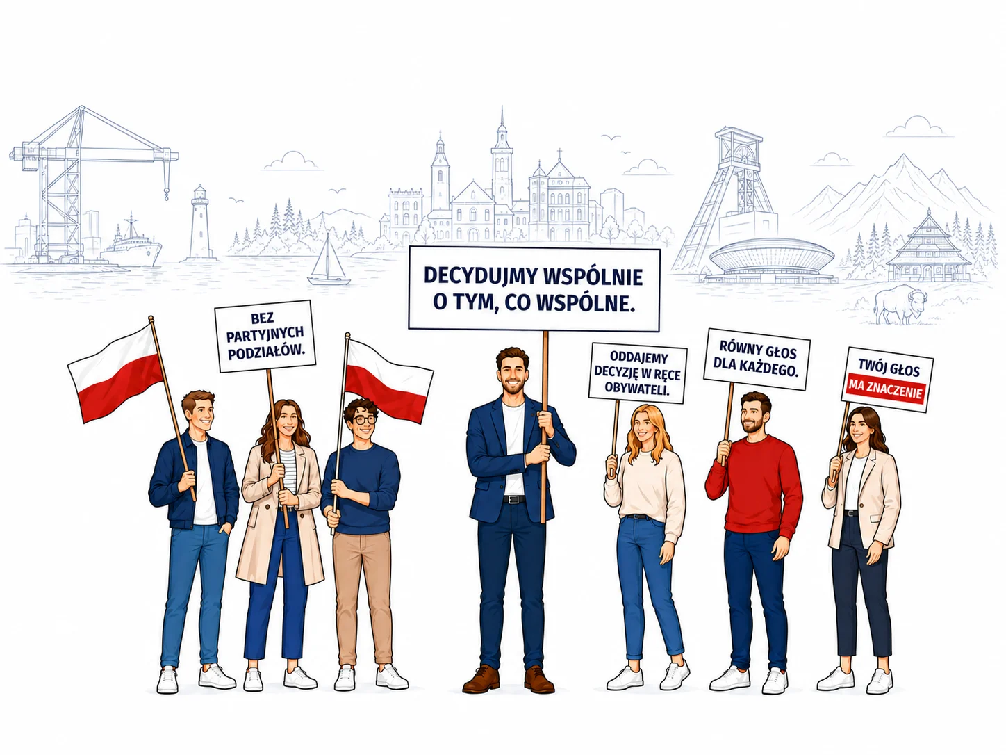 Obywatele z biało-czerwonymi flagami trzymający transparenty: „Decydujmy wspólnie o tym, co wspólne”, „Bez partyjnych podziałów”, „Oddajemy decyzję w ręce obywateli”, „Równy głos dla każdego”, „Twój głos ma znaczenie”; w tle rysunkowa panorama polskich krajobrazów i zabytków.